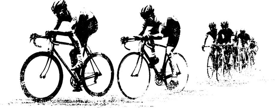 Grunge black white stencil group of cyclists peloton illustration for sports background banner and poster design