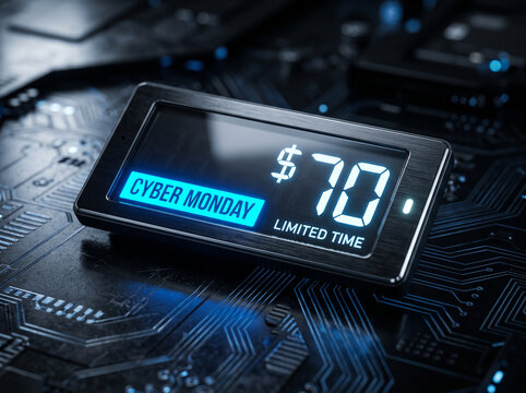 Cyber monday electronics sale display on digital circuit board background