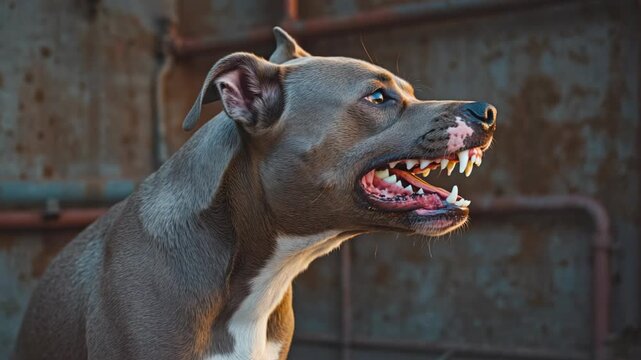 A fierce dog with a menacing expression and sharp white teeth.