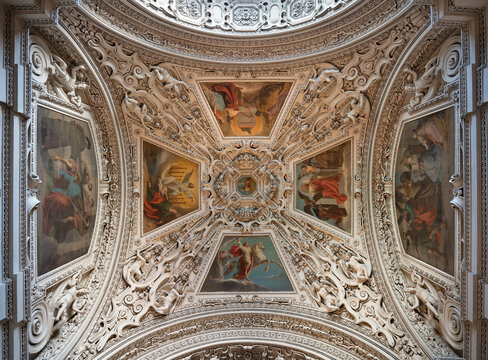 Salzburg - The paintings (Revelation of St. John) from ceiling from side nave in the Cathedral by Ludwig Gl&ouml;tzle from second half of 19. cent.