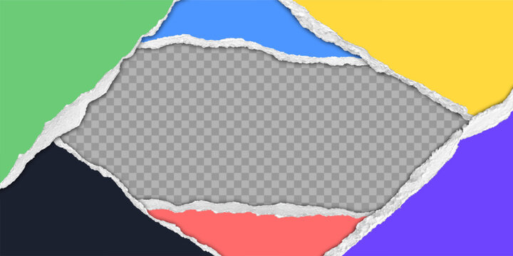 Layered colored torn paper with textured edges. Torn paper background with realistic textured ripped edges and soft shadow. Overlay paper sheets at transparent background. Vector.
