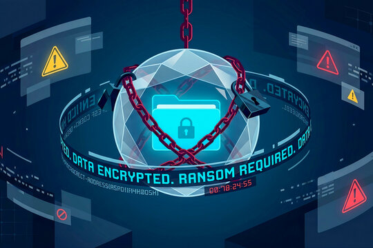 Ransomware Cyber Attack Concept with Encrypted Data Folder and Lock Chains