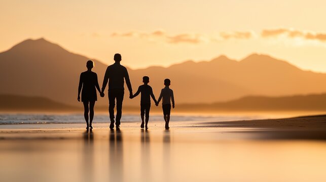 A family walking hand-in-hand into the sunset on a beach, silhouetted figures, warm golden light, conveying unity, hope, and a shared