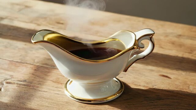 A vintage teapot with gold accents, sitting on a wooden table and steaming.