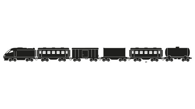 Black silhouette of a passenger and freight train consist on a white background locomotive