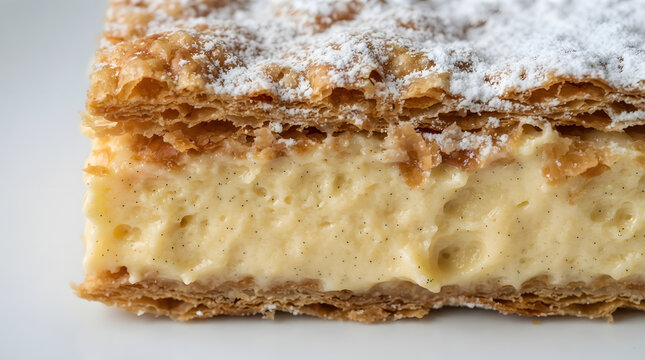 Traditional cremeschnitte from Austria with creamy layers and powder sugar on white background. Classical European tradition, menu, culture asset ideas
