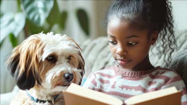 A heartwarming scene of a child sharing a story with her canine companion.