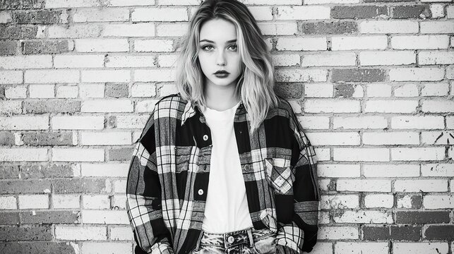 A young woman with a 1990s grunge aesthetic, oversized flannel shirt, ripped jeans, standing against a graffiti-covered brick wall,