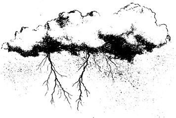 Obraz premium Grunge black and white stencil storm cloud with hanging lightning roots and speckled texture for poster background and packaging design