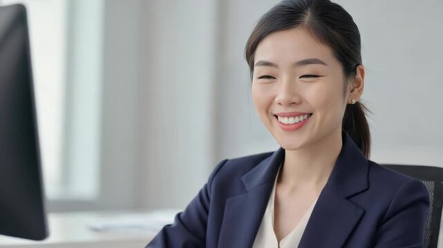 A young woman in a suit and tie, smiling and looking directly at the camera. She is in an office environment.