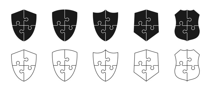 Shields made of puzzle pieces. Set of solid and linear security shield icons made of jigsaw puzzles. Design elements for concept of safety and protection. Vector.