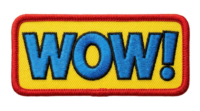 Bright yellow wow badge with red border and shadow isolated on transparent background