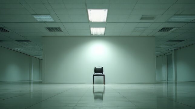 Empty, green tinted hall contains a lone chair centered under a pair of bright fluorescent ceiling panels, evoking a deep sense of liminal anxiety