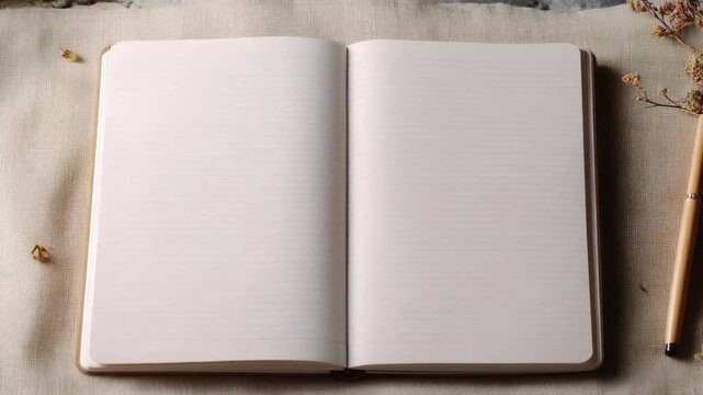 White lined notebook on wooden table with blurred background.