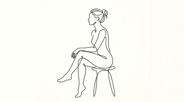 Minimalist continuous line art of a woman sitting on a stool in profile view