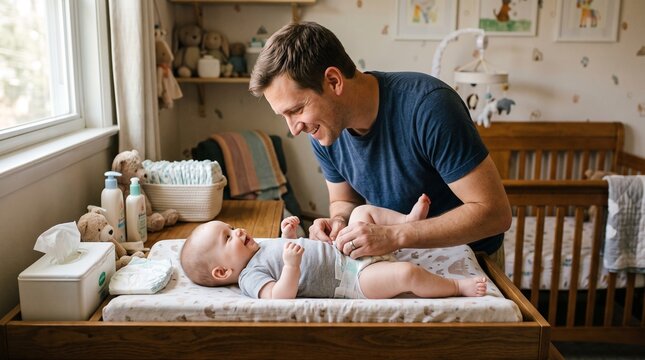 Father changing diaper of happy baby on changing table in nursery with crib and toys