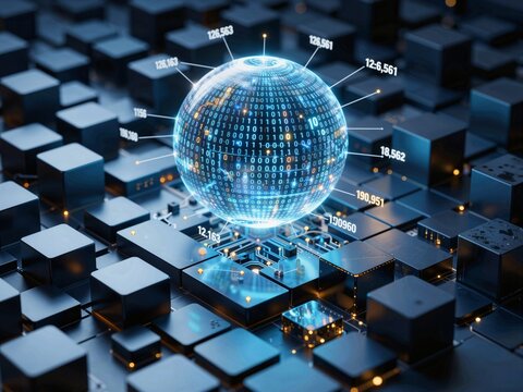 Digital globe with binary code floating over a circuit board backgroun