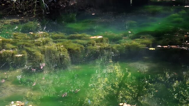 Peaceful lake with green algae on a sunny summer day