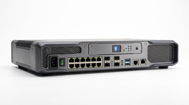 Industrial network switch with ethernet ports, professional rackmount server hardware, black metal data center router on white background