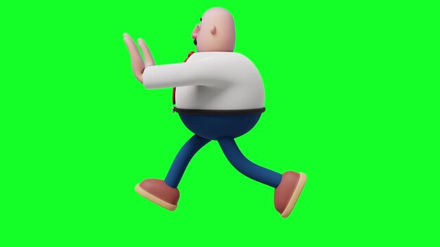 A 3D cartoon-style illustration of a bald, overweight businessman shown from the side view, running energetically. He is dressed in a white shirt, red tie, blue pants, and brown shoes. 