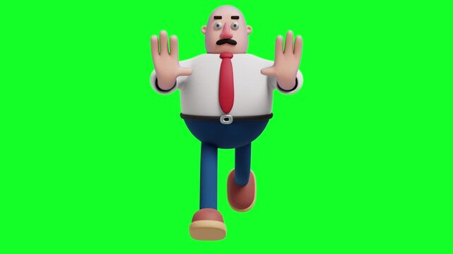 A 3D cartoon-style illustration of a bald, overweight businessman running, viewed from the front. He wears a white shirt, red tie, blue pants, and brown shoes.