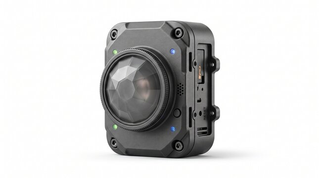 Rugged black action camera with fisheye lens, professional 360 degree video recorder, compact waterproof digital camera for extreme sports