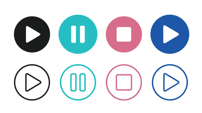 Media player button icon set with play pause and stop symbols in colorful vector design