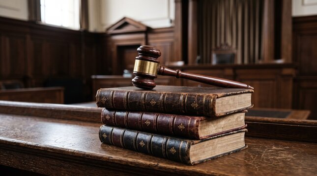 Gavel resting on a stack of antique law books in a courtroom setting