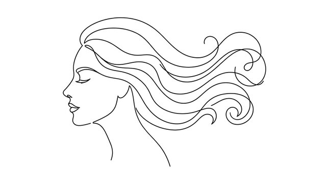 Minimalist continuous line art of a beautiful woman with long flowing hair in profile view