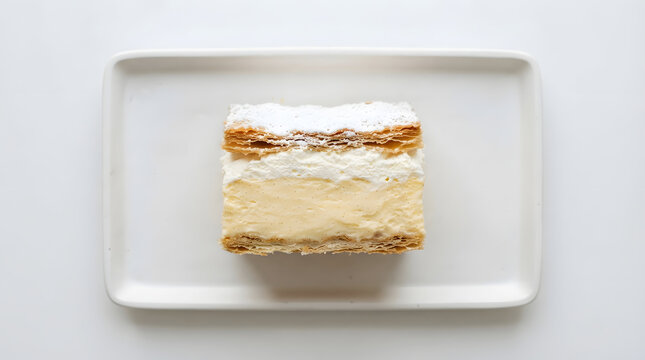Singular slice of a cremeschnitte on square platter on white background. Austrian (Europe) tradition and classical dessert menu asset