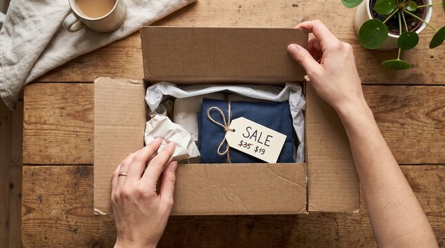 Hands opening a cardboard box revealing a navy blue item with a sale tag showing discount prices