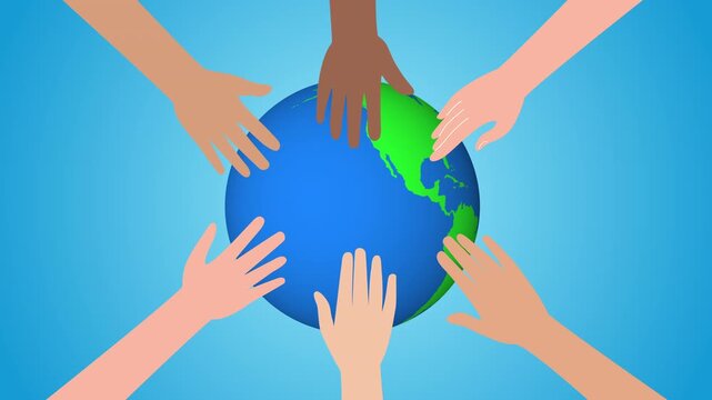 Animation of diverse hands holding planet Earth, symbolizing global unity and diversity.