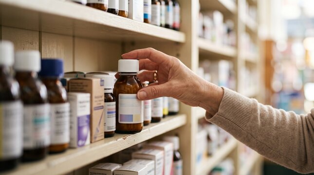 Close up of a hand reaching for a medicine bottle on a pharmacy shelf filled with various medications and boxes