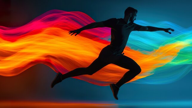 A male athlete performing a dynamic jump in a studio, surrounded by abstract, colorful light streaks, high contrast