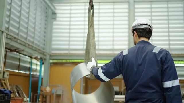 Male factory worker in safety uniform and hard hat guides a suspended heavy sheet metal cylinder with a crane hoist during production process in a modern industrial manufacturing plant facility.