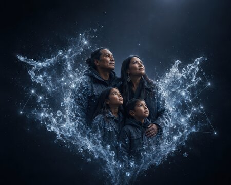 Indigenous Family Surrounded by Crystalline Constellation Cloud