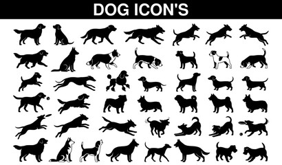 Obraz premium Black dog silhouettes collection featuring various canine breeds in sitting, standing, and lying down poses for pet animal vector icons. 