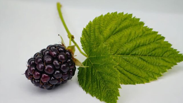 A close-up of a dark blackberry on a white background with a leaf attached.