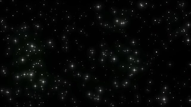 黒背景に純白の星々が画面いっぱいにふわっと広がり輝くシームレスループ動画・合成用オーバーレイ素材 / Spreading glowing white stars on black background, seamless loop overlay video