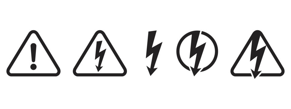 Triangle warning signs featuring lightning bolt arrows icon, danger symbols, high voltage sign. Vector stock illustration