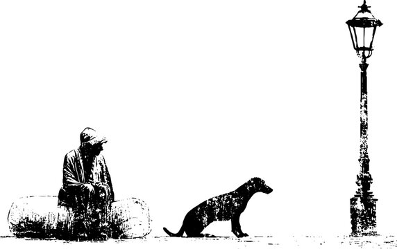 Grunge black and white street scene stencil of seated homeless person with dog and lamppost for social awareness poster background