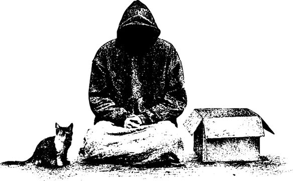 Grunge black homeless hooded figure with cat and box stencil in black and white for social awareness poster and background design