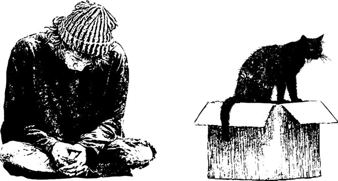 Grunge black homeless sitting person with cat on box stencil in black and white for social awareness poster and background design