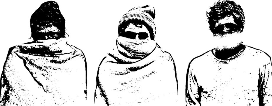 Grunge black and white stencil figures of homeless people wrapped in blankets set for social awareness poster background and banner design