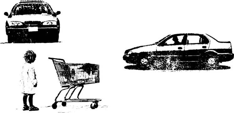 Grunge black and white stencil street scenes with child shopping cart and cars for urban safety and social awareness poster background and banner design