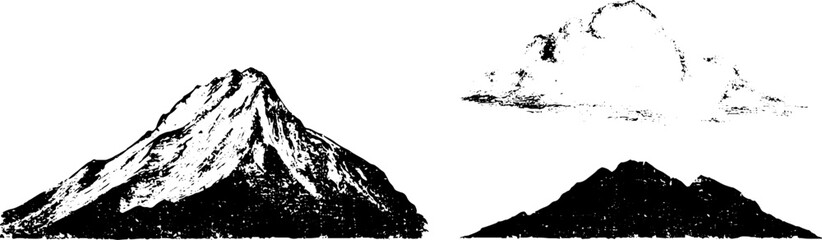 Obraz premium Grunge black and white mountain and hill stencil set with cloud elements for landscape background and poster design, rugged peak artwork for outdoor themed layouts