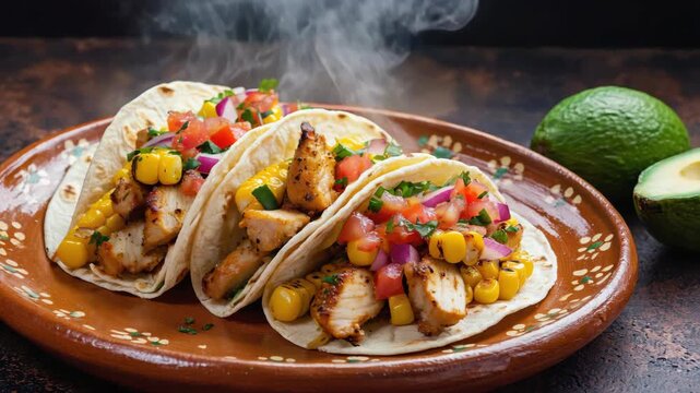 Tasty chicken and vegetable tacos on a plate, garnished with fresh toppings and accompanied by a slice of lime.