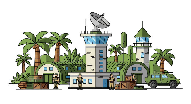 Tactical military outpost with communication towers and trees.