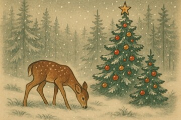 Naklejka premium Vintage winter with deer background