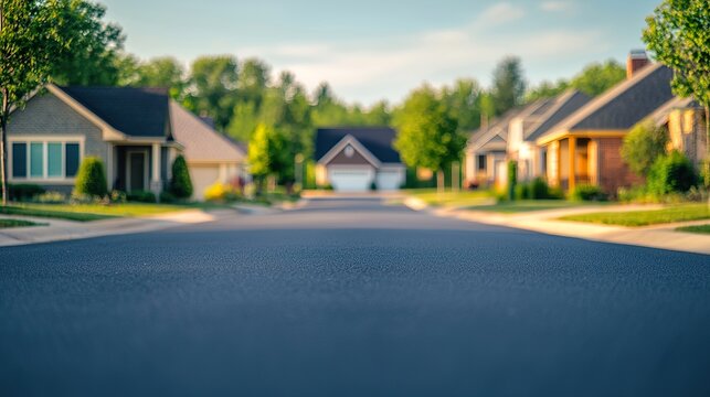 Blurred residential street background, houses, trees